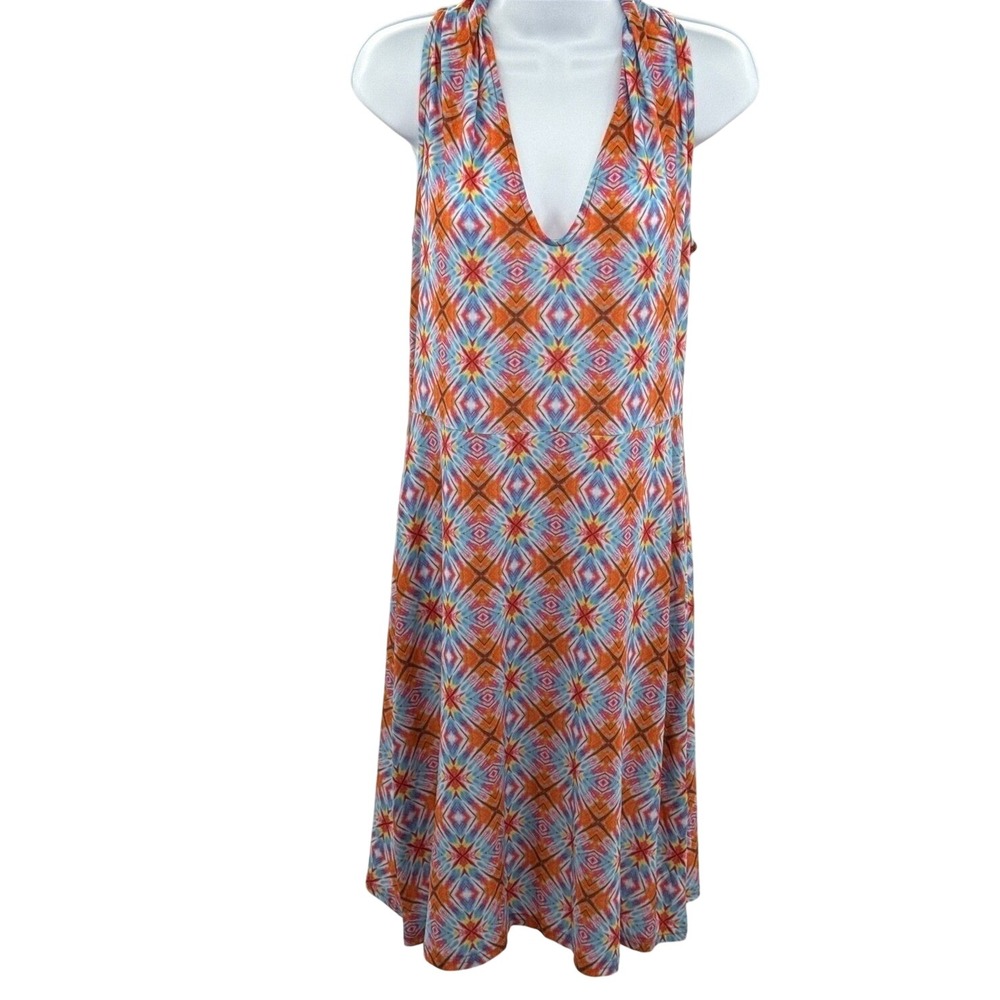 Viereck Women's Geometric V-Neck Racerback Midi Dress Orange Blue Large